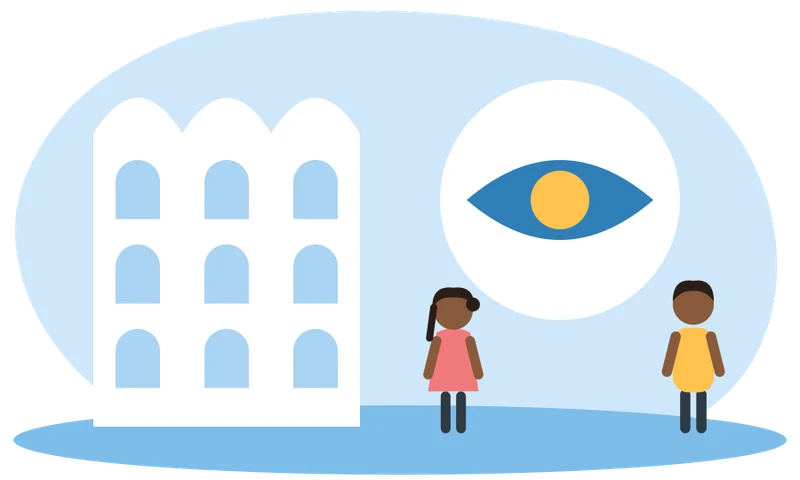 Illustration of a school building beside a large eye symbol