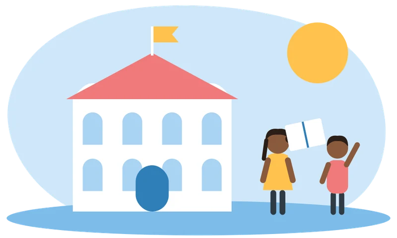 Illustration of a school with children holding books