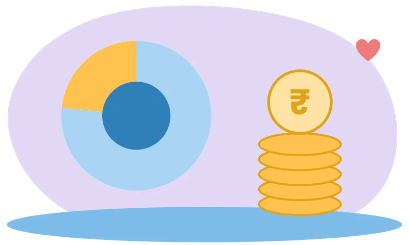A donut chart and a stack of rupee coins