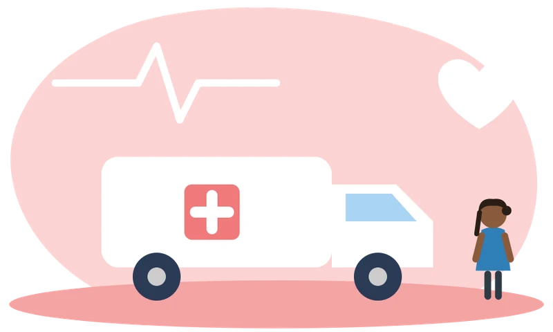 Illustration of a mobile health van with a heartbeat line