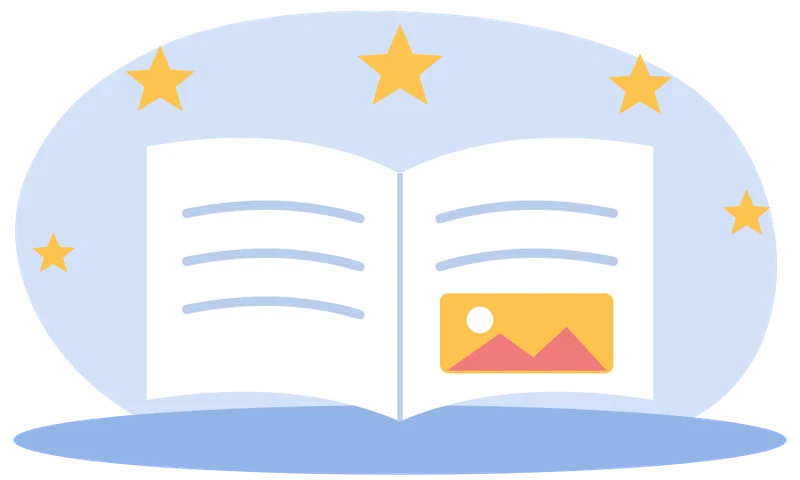 An open storybook with stars