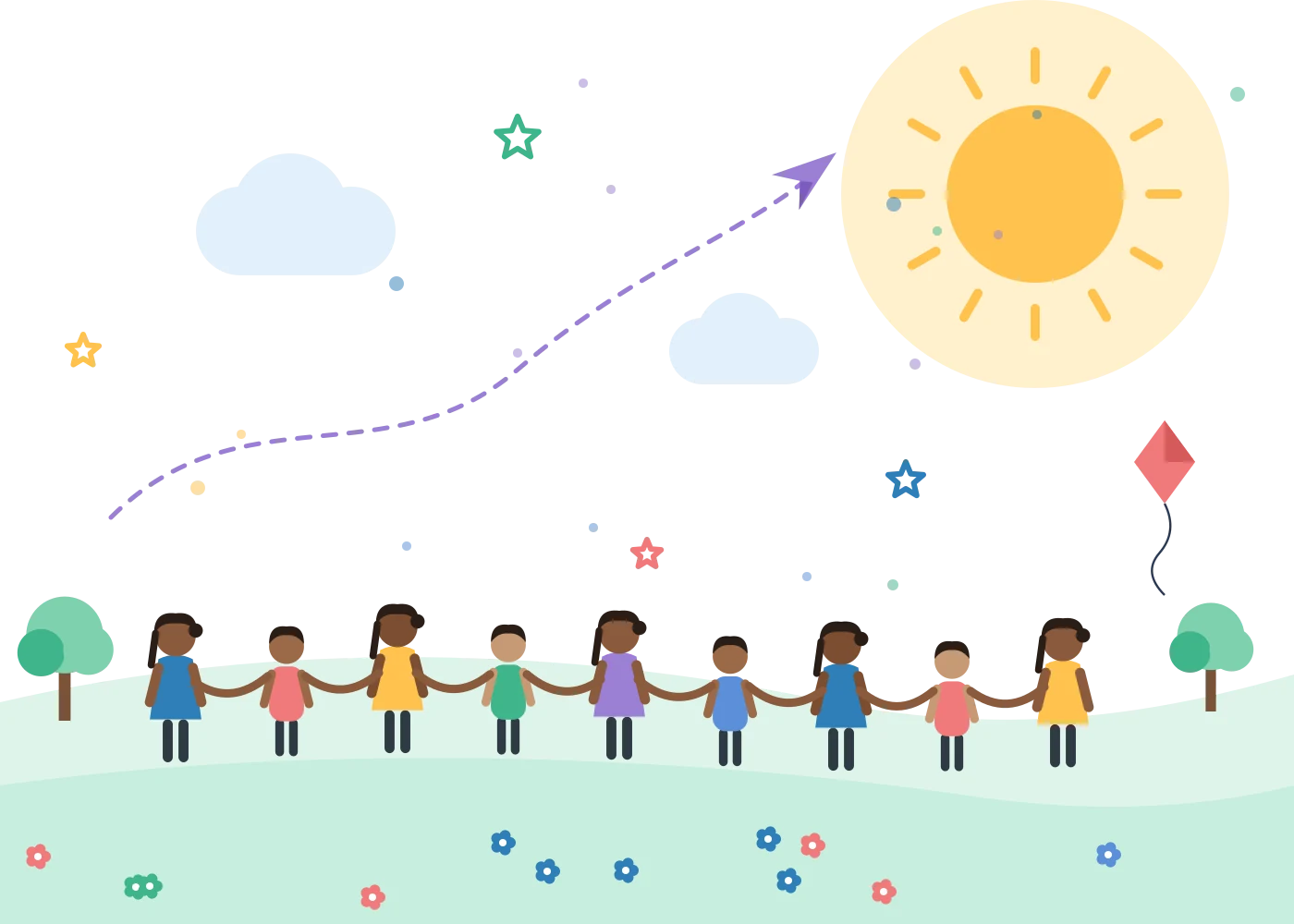 Illustration of children holding hands on a green hill under a bright sun, with a kite and a paper plane