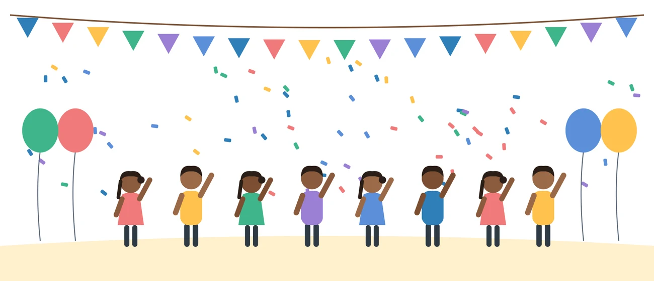 Children cheering under colourful bunting and balloons
