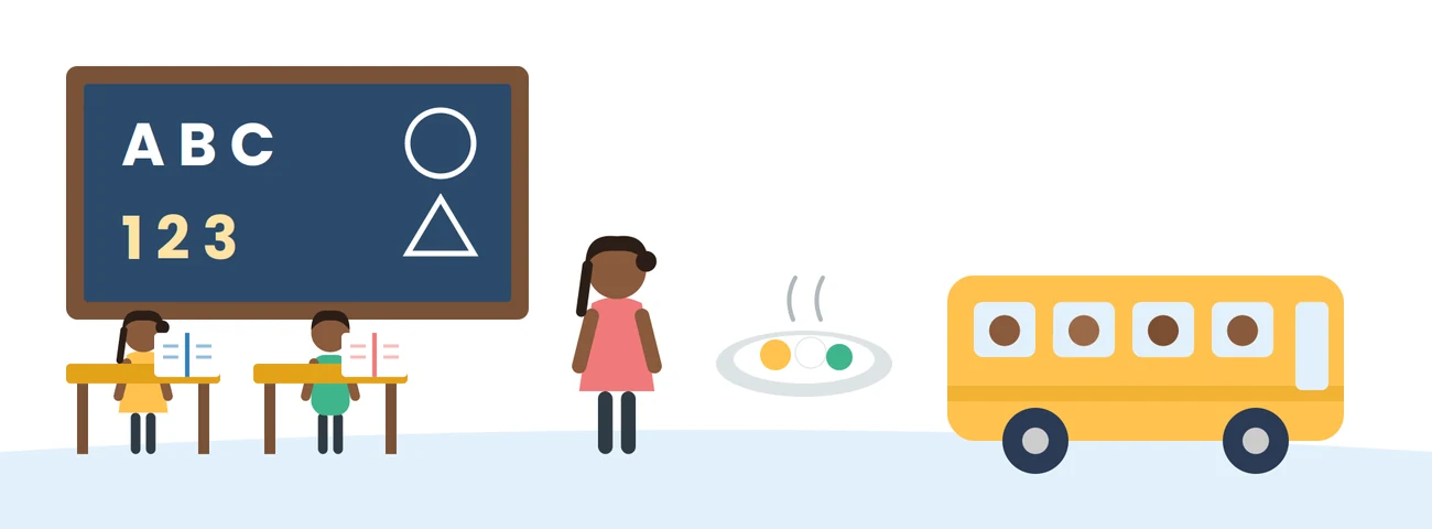 Classroom with a blackboard, a teacher, a mid-day meal plate and a school bus