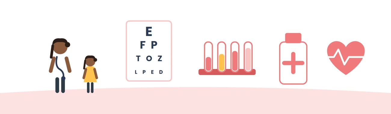 Health worker with a child, an eye chart, test tubes and medicine