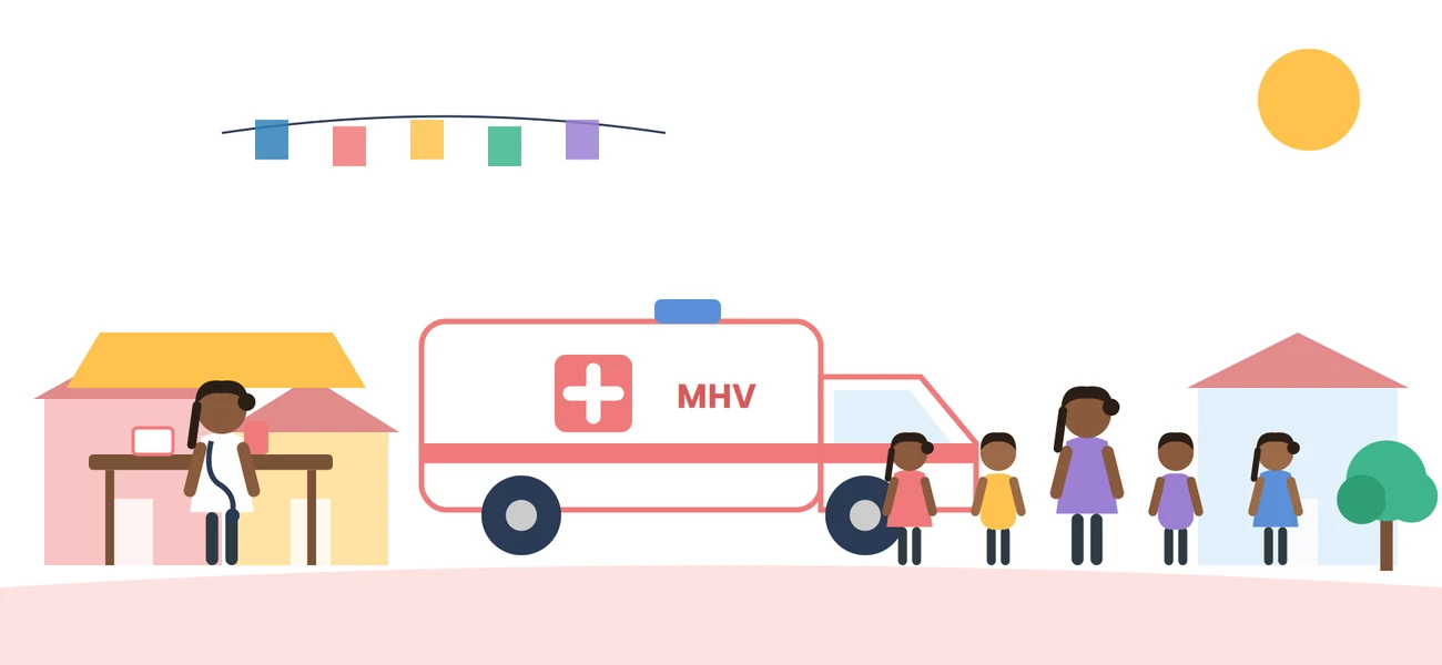 Mobile health van serving a community, with a health worker and families